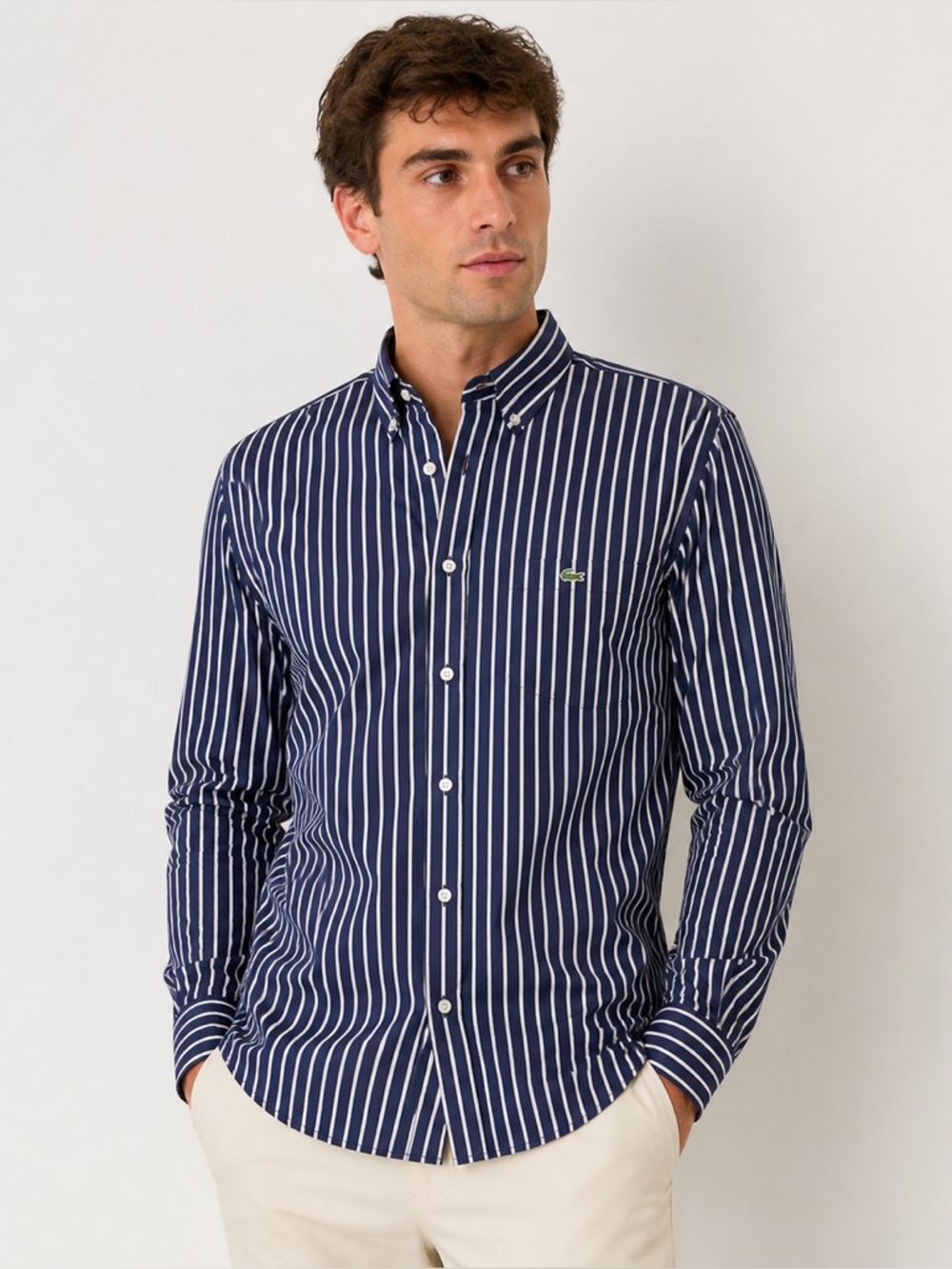 Lacoste Alligator Dress Shirt Blue Striped Long Sleeve Button Up Men Size 45 XL
